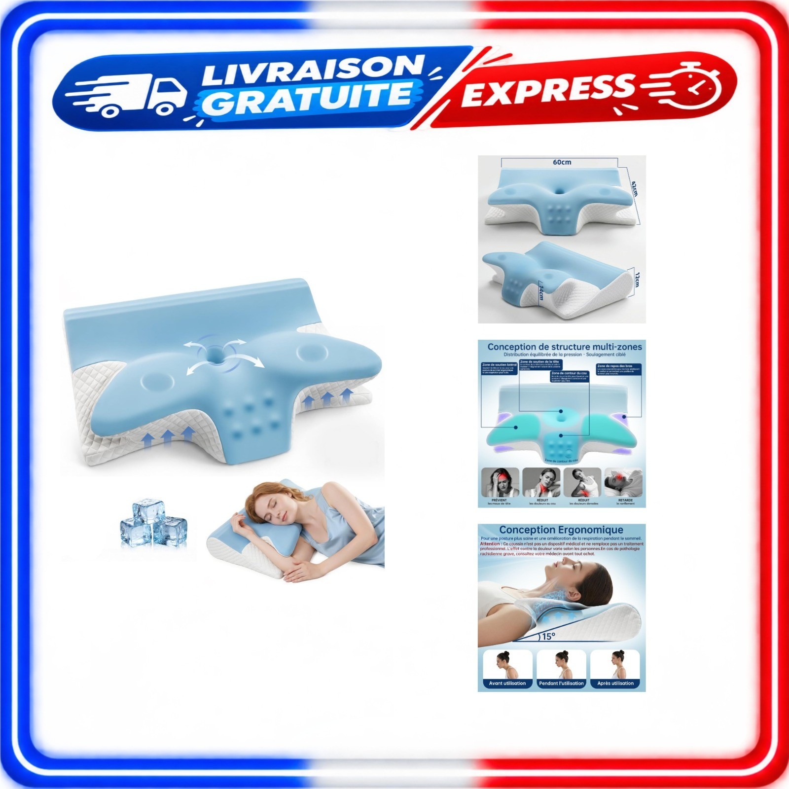 Oreiller Cervical Ergonomique Memoire de Forme 2 en 1 Anti-R